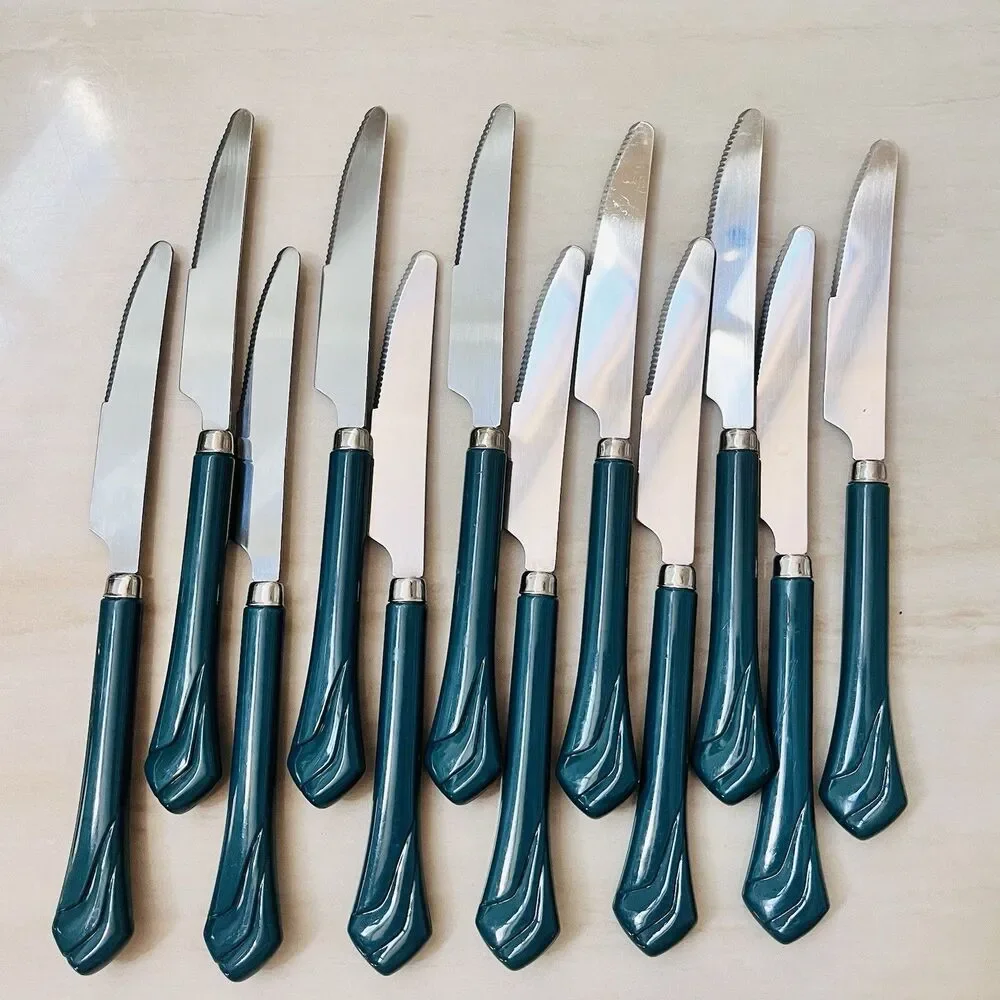 36pc Retro Green Plastic Handle Stainless Flatware Set For 12 Camping Picnic